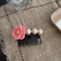 Elegant pink rose and pearl hair comb accessory for women's hairstyle styling. - Camellia Pearl Hair Comb - Pink