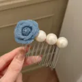 Elegant variant hair comb featuring a blue denim rose and three large glossy white pearls - Retro Floral Hair Comb - Denim Blue