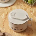 Large capacity stainless steel instant noodle bowl with lid and handle, cream white. - Cream