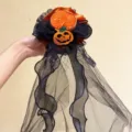 Festive Halloween pumpkin headband featuring a long black mesh veil for witch cosplay - Pumpkin Head Veil (7)