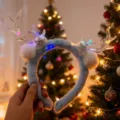 Diadema de astas de reno de Navidad azul claro con LED, piel sintética y copos de nieve - Diadema de Cuernos de Hielo y Nieve - Azul (19#) / Azul