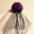 Elegant purple Halloween witch mini hat headband with long black lace mesh veil - Purple Witch Hat Skull Veil (8)