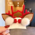 Lindas pinzas para el pelo de Navidad rojas con astas de reno y pompones blancos suaves - 4# Par Astas Rojas Oreja Pompón