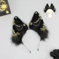 Diadema de orejas de lobo gato gótico oscuro con cadenas y colgantes de polilla cosplay - Luciérnaga de jade - Negro y oro