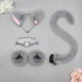 Grey cat cosplay set including ears headband, choker collar, wrist cuffs, and fluffy tail. - Gray