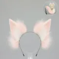 Pink white faux fur animal ears headband and tail cosplay set for Halloween and comic con. - Fox Ears / Pink White