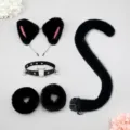 Black cat cosplay costume 5-piece set featuring fluffy cat ears headband, tail, and cuffs. - Black