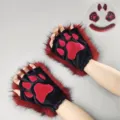 Halloween hombre lobo animal oreja diadema y guantes de garra de felpa cola cosplay set - Guantes de garras de lobo fantasma - burdeos