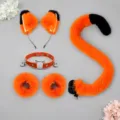 Orange black plush cat ear headband tail collar wristband set for anime cosplay events - Orange Black