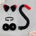 Cosplay cat ear headband choker plush cuffs and tail set in black and red for anime fans. - Black Red