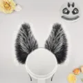Black and white fluffy animal ear headband, paws and tail set for cosplay and Halloween parties. - Phantom Wolf Ears Headband - Black & White