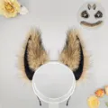 Faux fur wolf ears headband paws and tail set for Halloween cosplay party costumes. - Phantom Wolf Ear Headband - Khaki