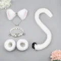White cat cosplay set including plush cat ears headband, fluffy tail, bell collar and cuffs. - White