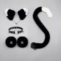 Black and white cat cosplay 5-piece set with ears headband, choker, cuffs, and plush tail. - Black and White