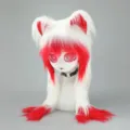 Masque de tête de bête Kigurumi en peluche blanc et rouge avec oreilles de chat pour cosplay. - Tête de bête Domi - Blanc et rouge
