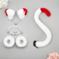White and red plush cat ear headband, choker, cuffs and tail set for cosplay and anime fans. - White Red