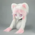 Masque Animal Furry Cosplay Peluche Blanche Rose Oreilles De Chat Anime Costume Coiffe - Tête de bête Domi - Blanc et rose