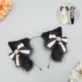 Handmade black pink cat ear headband plush tail set cosplay lolita anime hair accessories - Scarlet Moon Fox Ears - Black & Pink