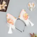 Diadema de orejas de animal de peluche rosa con flores y borlas, ideal para cosplay y fiestas. - Danza de flores - Rosa