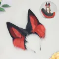 Χειροποίητο σετ cosplay με στέκα αυτιών ζώων και χνουδωτή ουρά από συνθετική γούνα. - Αυτιά Λύκου Μαύρου Aνεμού / Μαύρο Κόκκινο