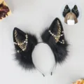 Cerchietto orecchie di lupo gatto nero e soffice ali dorate catena cosplay gothic copricapo - Statua del dio del sole - oro nero