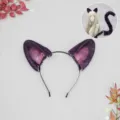 Cosplay plush cat ears headband and tail set, dark purple fluffy anime animal ears. - Fish Pond Kitty Ears - Purple