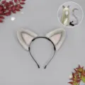 Grey plush cat ears headband and tail set for cosplay, cute anime animal costume headwear. - Q Fish Pond Cat Ears Grey