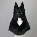 Masque de chapeau de tête de loup en fausse fourrure noire cosplay fête d'Halloween - Noir