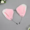 Plush pink white fox ears headband for anime cosplay, cute fluffy animal hair hoop party props. - Meow Folded Ear-Pink White