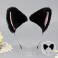 Black pink fluffy faux fur animal ears headband for cosplay parties cute cat fox ears hair hoop - Meow Folded Ear-Black