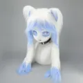 Masque animal Kigurumi en peluche blanc et bleu avec oreilles de chat et longs cheveux tressés. - Tête de bête Domi - Blanc et bleu