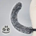 Black white faux fur wolf costume set including ears headband, paw gloves and fluffy tail for party. - Phantom Wolf Tail - Black & White