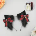 Black and red faux fur animal ears headband and fluffy tail set for lolita cosplay. - Scarlet Moon Fox Ears - Black & Red