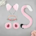 Pink white cat cosplay costume set with fluffy ears headband, choker and tail for anime fans. - Pink White