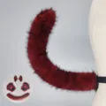Red faux fur wolf tail and matching animal ears headband paw gloves costume set for Halloween. - Phantom Wolf Tail - Wine Red