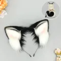 Halloween black white dog ears and tail cosplay costume set, fluffy animal plush props. - Maple Leaf Round Shiba Inu Ears / Black and White