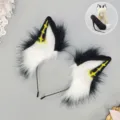 Pluche wolf oren haarband en staart set, zwart wit faux fur met gele accenten voor cosplay. - Wolfsoren Hoofdband / Zwart en Geel