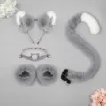 Grey cat cosplay set featuring fluffy ears headband, bell choker, wrist cuffs and tail. - Grey/White