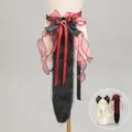 Handmade Lolita cosplay black plush tail set with red and dark ribbons for cute costume party. - Scarlet Moon Fox Tail - Black & Red