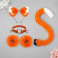 Cosplay Cat Ear Tail Set Orange White Fluffy Neko Headband Collar Wristbands Costume - Orange and White