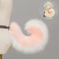 Plush cosplay animal tail and floppy ears variant set in pink and white, perfect for dress up. - Curly Dog Tail / Pink White