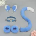 Blue white plush cat ear headband tail collar wristband set cosplay anime costume accessories - Blue & White