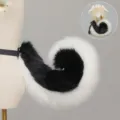 Fluffy black and white plush animal tail cosplay prop set for Halloween and anime conventions - Curly Dog Tail / Black and White