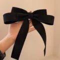Elegant large black glitter velvet bow hair claw clip for French style hairstyles - Long Glitter Black / Black