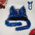 Dark blue gothic plush cat ear hat with metal cross and punk chains for winter warm wear. - One Size / Y2K Cat Ear Hat - Royal Blue