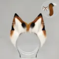 Conjunto de diadema de orejas de zorro de peluche y cola con anillos para cosplay - Orejas de Zorro (Estilo Pendiente) / Camello Oscuro y Blanco
