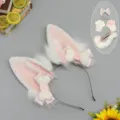 Handmade furry fox animal ears headband cosplay set with tail and paws for anime show. - Animal Ear Headband / White Pink