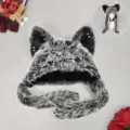 Gothic punk furry cat ear hat with cross chain winter warm plush beanie cap for women fashion - One Size / Y2K Cat Ear Hat - Black & White