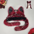 Gothic punk plush cat ear hat with cross chain winter warm fluffy beanie alternative fashion item - One Size / Y2K Cat Ear Hat - Wine Red