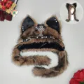 Gothic punk plush cat ear hat with bat cross pendant chain warm winter furry cap for women - One Size / Y2K Cat Ear Hats - Camel